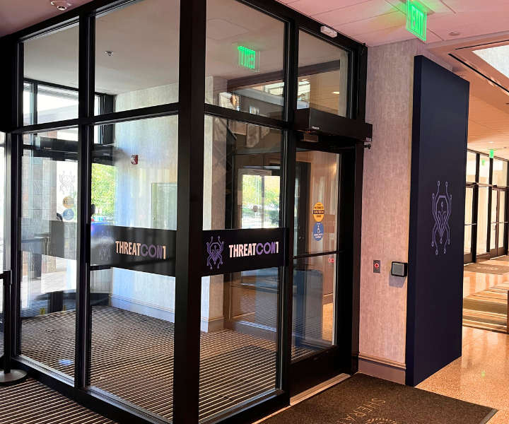 Custom THREATCON1 entrance structure welcoming conference attendees at Sheraton Reston, designed and built by Layout21